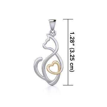 Running Cat with Golden Heart Silver Pendant MPD5280 - Jewelry